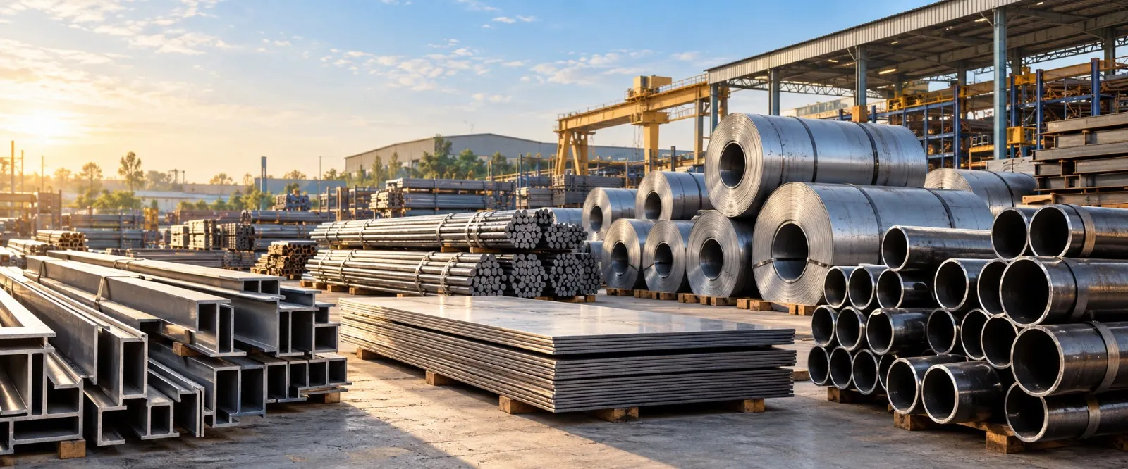 Steel stockyard at sunrise with stacked beams, plates, round bars, coils and pipes