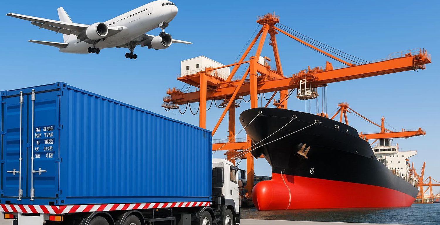 Container truck, cargo ship and aircraft at a port