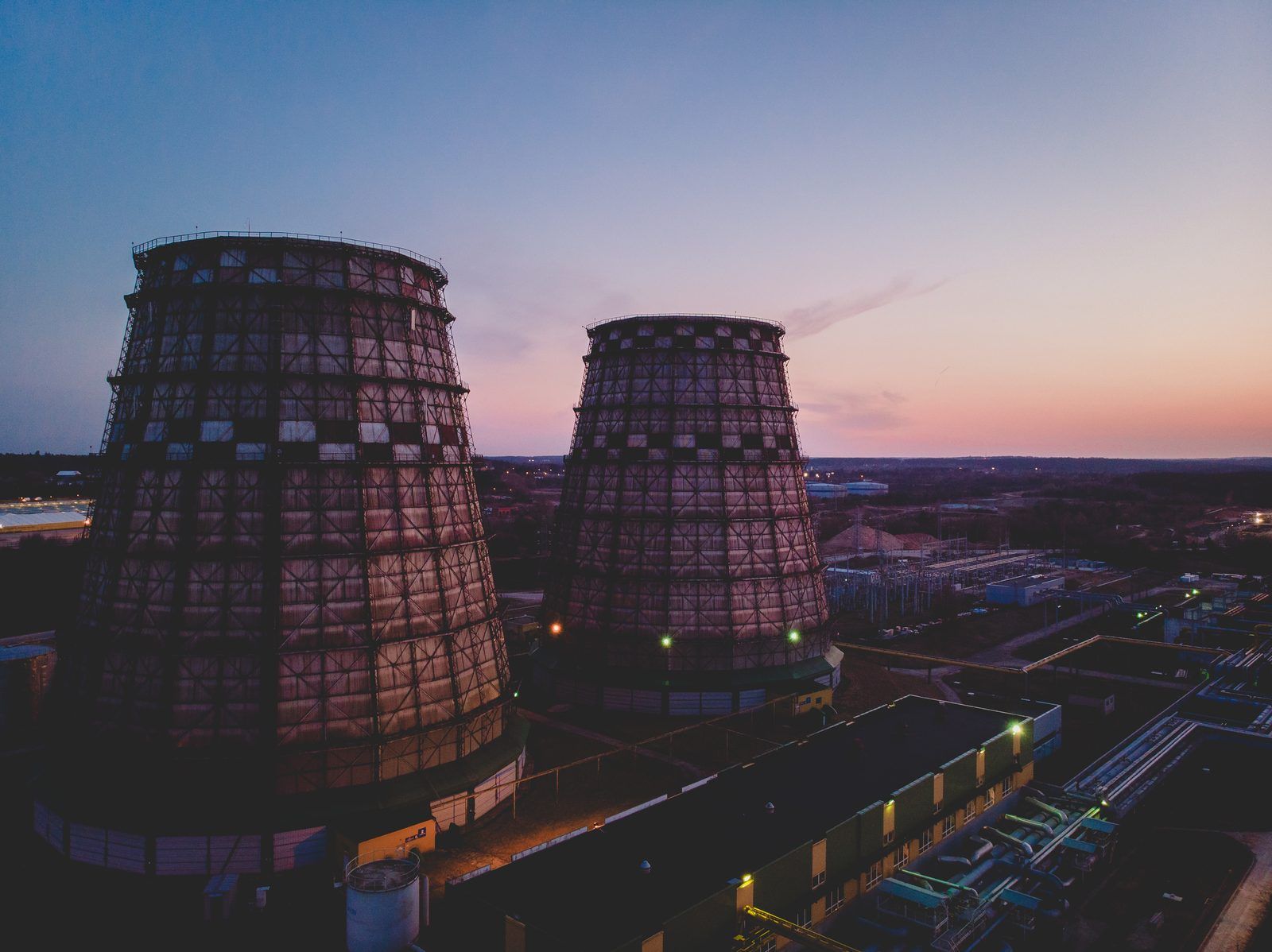 Power plant cooling towers at dusk